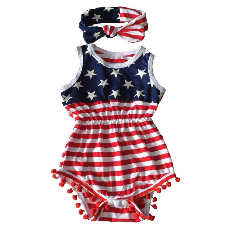 Qin.Orianna 4th of July Toddler Baby Girl American Flag Tassel Romper with Headband (0-6M/Small, Red) - Image 1